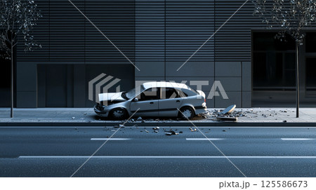 Abandoned damaged car on empty urban street with scattered debris. Concept of accident aftermath, vehicle destruction, city loneliness, urban decay, mystery scene, Car accident 125586673