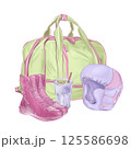 sports bag women green yellow, smoothie blueberry, boxing gloves pink, sneakers for sports, boxing helmet purple, sports set, isolated illustrations in high quality, for sporting goods design 125586698
