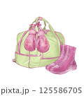 women's sports bag green and yellow, boxing gloves pink with flowers, sneakers for sports pink, sports set, individual illustrations in high quality, for design of sports goods 125586705