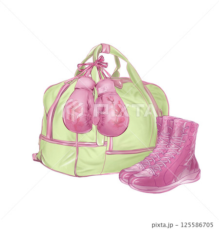 women's sports bag green and yellow, boxing gloves pink with flowers, sneakers for sports pink, sports set, individual illustrations in high quality, for design of sports goods women's sports bag green and yellow, boxing gloves pink with flowers, sneakers for sports pink, sports set, individual illustrations in high quality, for design of sports goods 125586705