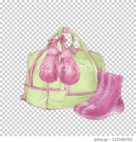 women's sports bag green and yellow, boxing gloves pink with flowers, sneakers for sports pink, sports set, individual illustrations in high quality, for design of sports goods 125586705