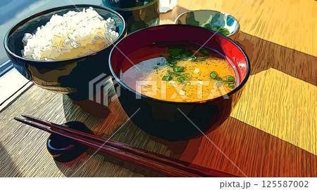 ご飯と味噌汁のシンプルな食事	 125587002