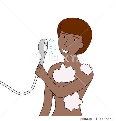 Happy person taking a shower and singing with soap suds on his body, vector 125587271