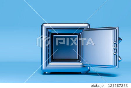 Empty Open Metallic Safe on Blue Background Empty Open Metallic Safe on Blue Background 125587288