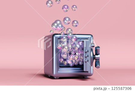 3D Safe Overflowing with Iridescent Bubbles, Investment Bubble Concept 3D Safe Overflowing with Iridescent Bubbles, Investment Bubble Concept 125587306