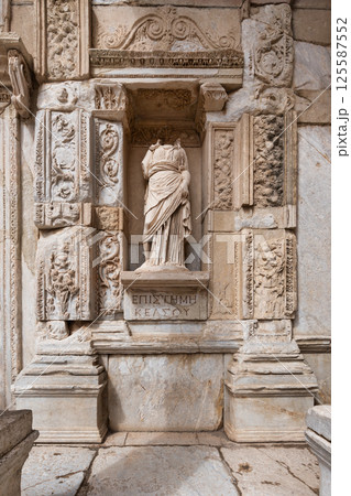 Statue of Episteme in the Library of Celsus at Ephesus, Izmir Province, Turkey showcasing ancient architectural beauty 125587552