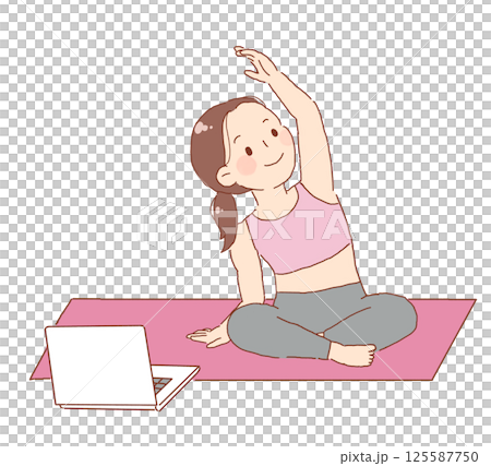 パソコンを見ながらヨガをする女性 125587750