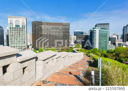 ソウル　南山公園の城壁と高層ビル 125587900