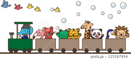 動物たちが列車に乗って楽しそうにしているイラスト 125587934