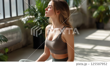 日差しの差し込む部屋でマインドフルな呼吸法を実践する若い女性 125587952