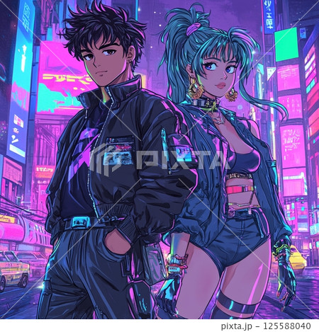 Retro 80s Couple Dancing Under Disco Ball in Neon Club  AI Generated 125588040