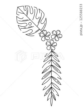 Corner with stylized palm leaves. Decorative image of tropical foliage and plants. 125588153