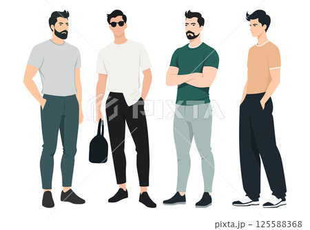 Trendy Men s Fashion Set. A modern collection of men in various stylish outfits, featuring casual, smart-casual, and business-casual looks. 125588368