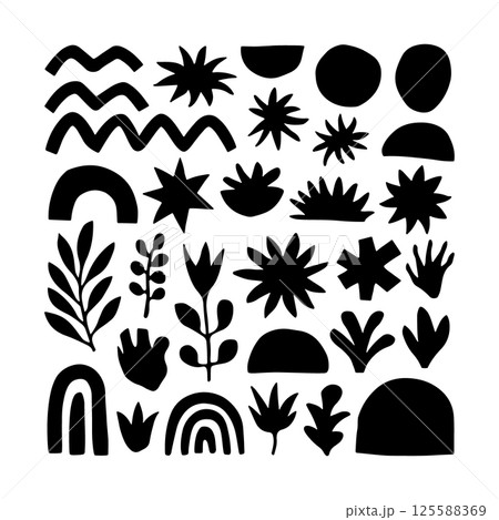 Geometric Botanical Abstraction. A black minimalist silhouette of abstract botanical and geometric elements such as plants, hills, waves, and rainbows. 125588369