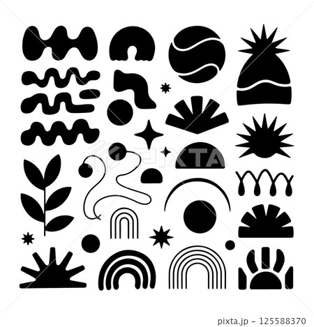 Abstract Nature Motif Modern Boho. An abstract black shape combining natural motifs like sunbursts, plants, hills, rainbows, and waves, designed in a modern boho aesthetic. 125588370