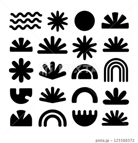 Minimalistic Boho Nature Icon Grid. A minimalistic boho nature icon grid with evenly spaced abstract symbols like rainbows, plants, and waves, ideal for modern design elements and branding. 125588372