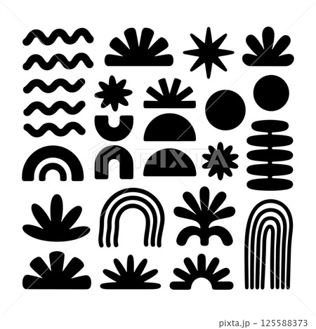 Boho Minimalist Element Nature Shapes. A minimalist black silhouette featuring organic shapes like waves, hills, plants, and rainbows in a boho style. 125588373