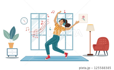 Cartoon happy young woman character listening Music Cartoon happy young woman character listening Music 125588385