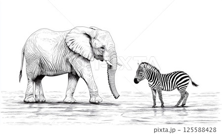 Elephant and zebra encounter in black and white artistic sketch design 125588428