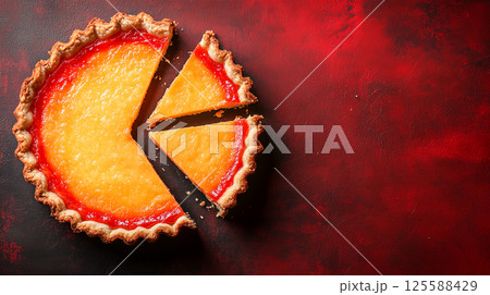 Delicious lemon tart on rich red background with empty space bakery promo and cooking recipe 125588429