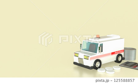 The Ambulance truck and coins for Health or hospital concept 3d Rendering. The Ambulance truck and coins for Health or hospital concept 3d Rendering. 125588857