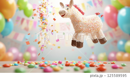 Festive colorful pinata unicorn with balloons and confetti background 125589595
