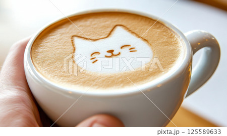 Latte art depicting cute cat face held in female hands with blurred background 125589633