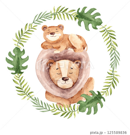 Cute lion dad with his cub lying in Tropical leaves wreath. Fathers Day, Family Day Illustration. Watercolor hand drawn Safari animals Composition isolated on a white background. Perfect for cards and Cute lion dad with his cub lying in Tropical leaves wreath. Fathers Day, Family Day Illustration. Watercolor hand drawn Safari animals Composition isolated on a white background. Perfect for cards and 125589836