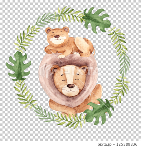 Cute lion dad with his cub lying in Tropical leaves wreath. Fathers Day, Family Day Illustration. Watercolor hand drawn Safari animals Composition isolated on a white background. Perfect for cards and Cute lion dad with his cub lying in Tropical leaves wreath. Fathers Day, Family Day Illustration. Watercolor hand drawn Safari animals Composition isolated on a white background. Perfect for cards and 125589836