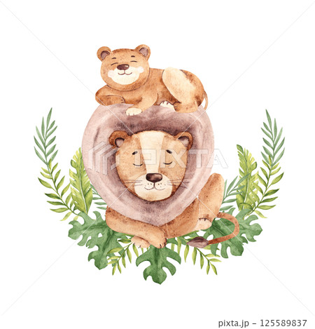 Cute lion dad with his cub lying in Tropical leaves. Fathers Day Illustration. Watercolor Safari Composition. Hand drawn African animal clipart isolated on a white background. Perfect for cards and Cute lion dad with his cub lying in Tropical leaves. Fathers Day Illustration. Watercolor Safari Composition. Hand drawn African animal clipart isolated on a white background. Perfect for cards and 125589837