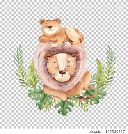 Cute lion dad with his cub lying in Tropical leaves. Fathers Day Illustration. Watercolor Safari Composition. Hand drawn African animal clipart isolated on a white background. Perfect for cards and 125589837