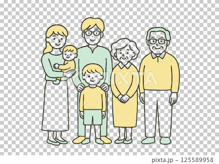 Illustration of a three-generation family smiling side by side 125589958