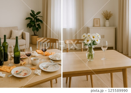 Before and after cleaning dining table with dirty dishes and bottles turned into tidy setup with clean plates and white tablecloth. home cleaning, kitchen hygiene, organization, fresh interior Before and after cleaning dining table with dirty dishes and bottles turned into tidy setup with clean plates and white tablecloth. home cleaning, kitchen hygiene, organization, fresh interior 125589990