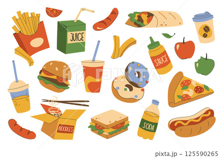 Fast food set in flat graphic design. Collection isolated elements of french fries, juice package, sausage, burrito, coffee cup, soda, burger, cola, donut, pizza, hot dog, other. Vector illustration. Fast food set in flat graphic design. Collection isolated elements of french fries, juice package, sausage, burrito, coffee cup, soda, burger, cola, donut, pizza, hot dog, other. Vector illustration. 125590265