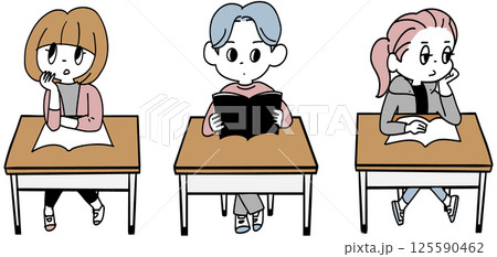 机に座る学生3人 125590462