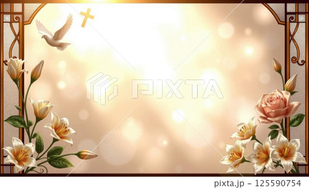 Funeral flyer design featuring delicate stained glass art with floral patterns and soft lighting 125590754