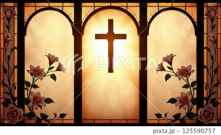 Funeral flyer design featuring delicate stained glass art with floral patterns and soft lighting 125590757
