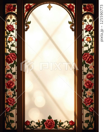Funeral flyer design featuring delicate stained glass art with floral patterns and soft lighting 125590773