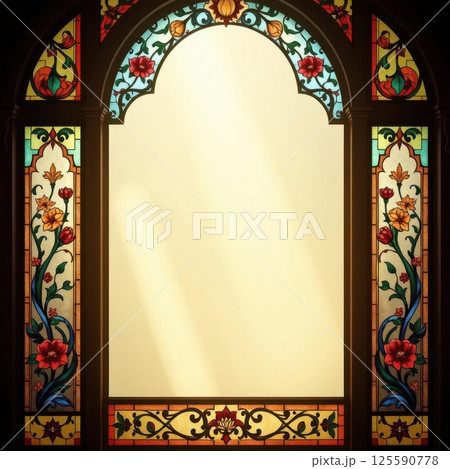Funeral flyer design featuring delicate stained glass art with floral patterns and soft lighting 125590778