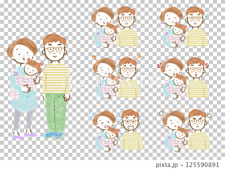 赤ちゃんをスリングで抱っこしたママとメガネをかけたパパの表情セット 125590891