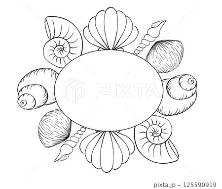 Seashells, starfish oval frame template for text. Vector graphic line ink illustration isolated on white. Round wreath with nautical elements for postcards, nautical party invitations. 125590919