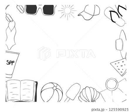 Beach essentials rectangle frame template for text. Vector graphic line ink illustration. For vacation poster, beach party invitation, backdrop, ad, sale promotion, print for t-shirt Beach essentials rectangle frame template for text. Vector graphic line ink illustration. For vacation poster, beach party invitation, backdrop, ad, sale promotion, print for t-shirt 125590925