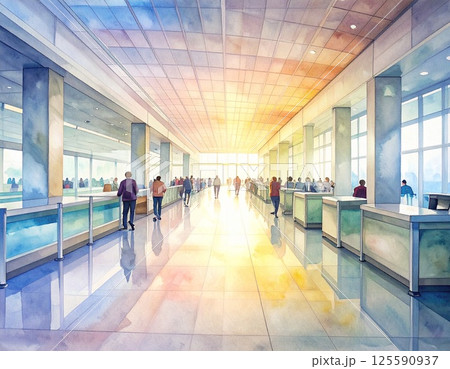 朝の陽光差し込む空港入国審査所 125590937