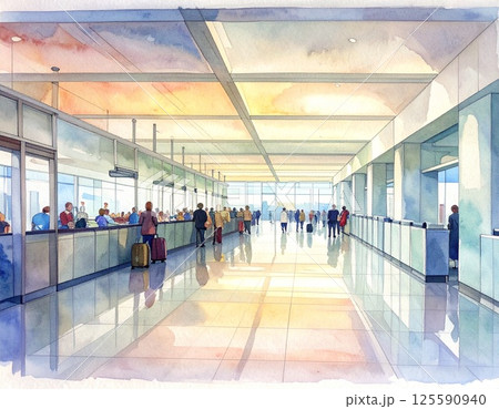 朝の陽光差し込む空港入国審査所 125590940