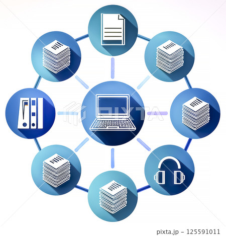 ノートパソコンといろいろなデータのイメージ素材 125591011