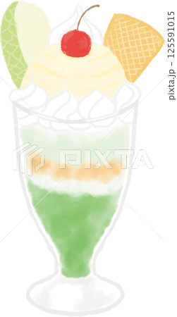 メロンパフェの手描き風イラスト 125591015