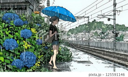 鉄道の駅のプラットフォームに植えられた満開のあじさいと梅雨の雨と若い女性