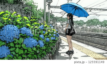 鉄道の駅のプラットフォームに植えられた満開のあじさいと梅雨の雨と若い女性