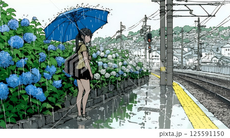 鉄道の駅のプラットフォームに植えられた満開のあじさいと梅雨の雨と若い女性