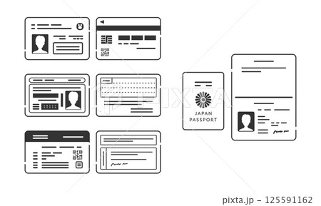 身分証明書ベクターアイコンセット (マイナンバーカード、免許証、保険証、パスポート) 125591162